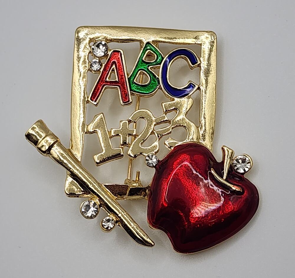 Teacher Brooch Gold Tone Metal with Apple & Pencil Accents ABC 123